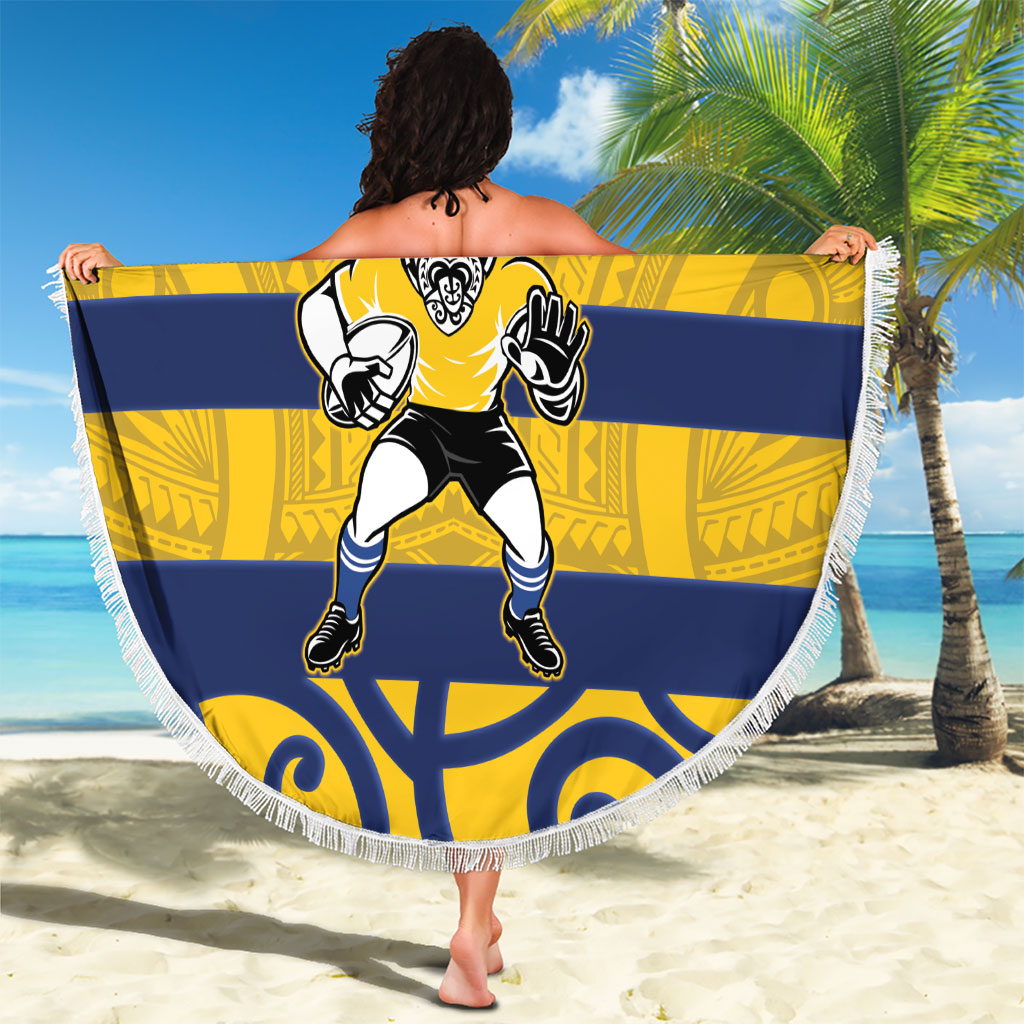 Bay of Plenty Custom Rugby New Zealand Beach Blanket Aotearoa Maori Pukana Tiki Mascot