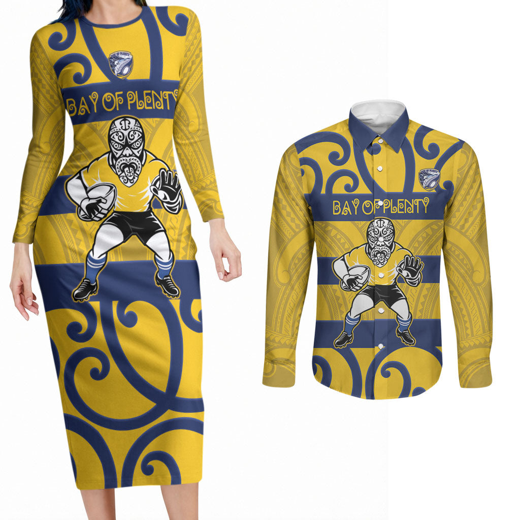 Bay of Plenty Custom Rugby New Zealand Couples Matching Long Sleeve Bodycon Dress and Long Sleeve Button Shirt Aotearoa Maori Pukana Tiki Mascot