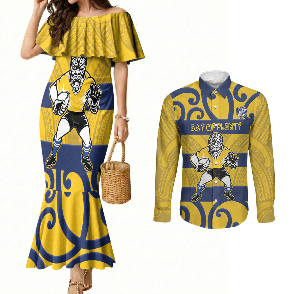 Bay of Plenty Custom Rugby New Zealand Couples Matching Mermaid Dress and Long Sleeve Button Shirt Aotearoa Maori Pukana Tiki Mascot