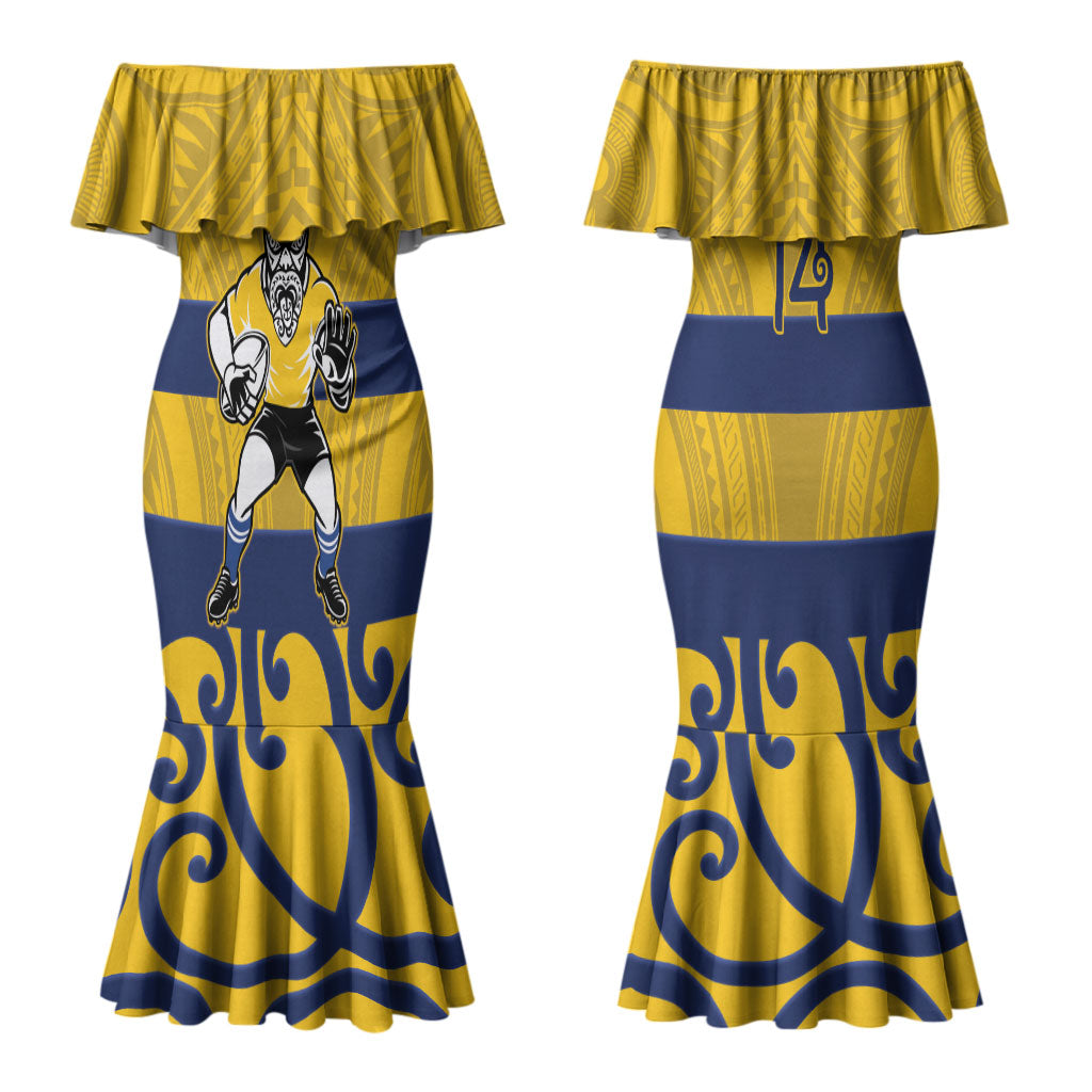 Bay of Plenty Custom Rugby New Zealand Couples Matching Mermaid Dress and Long Sleeve Button Shirt Aotearoa Maori Pukana Tiki Mascot