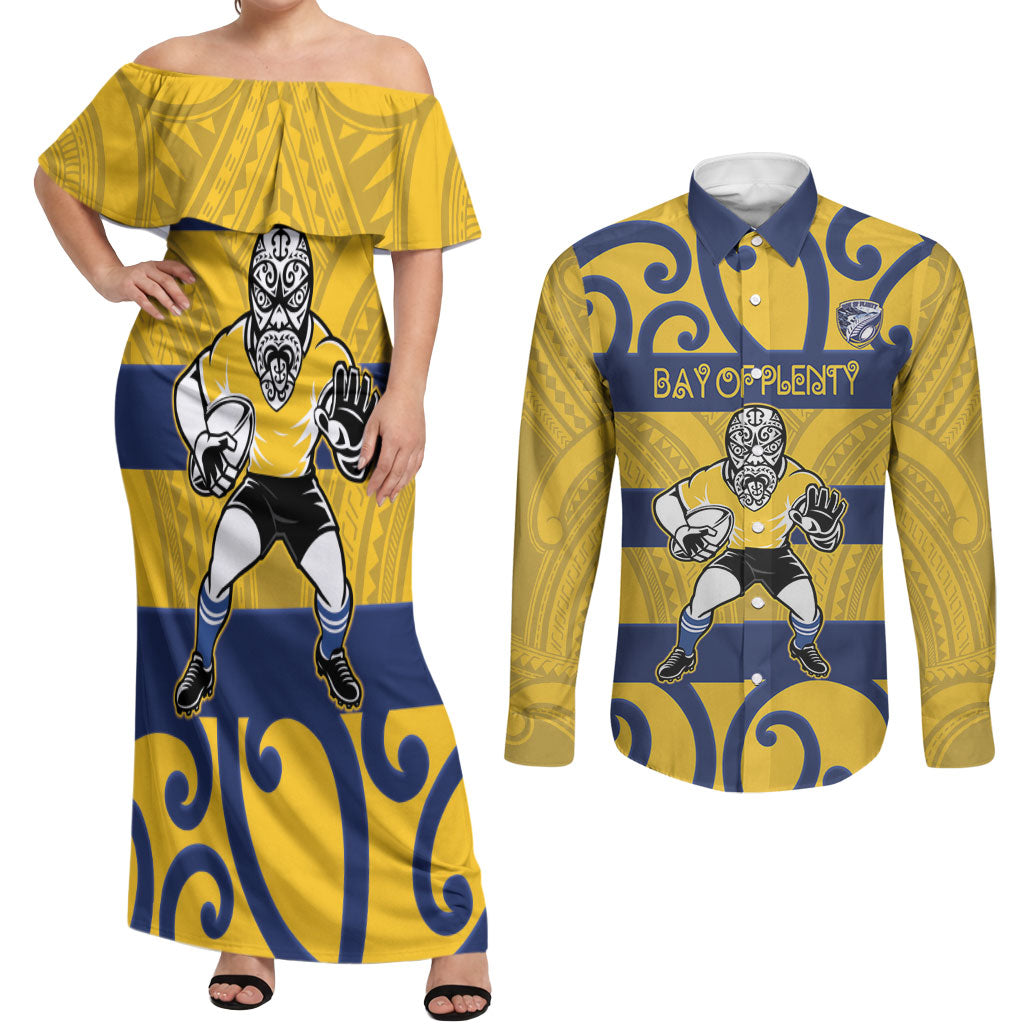 Bay of Plenty Custom Rugby New Zealand Couples Matching Off Shoulder Maxi Dress and Long Sleeve Button Shirt Aotearoa Maori Pukana Tiki Mascot