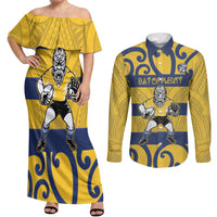 Bay of Plenty Custom Rugby New Zealand Couples Matching Off Shoulder Maxi Dress and Long Sleeve Button Shirt Aotearoa Maori Pukana Tiki Mascot