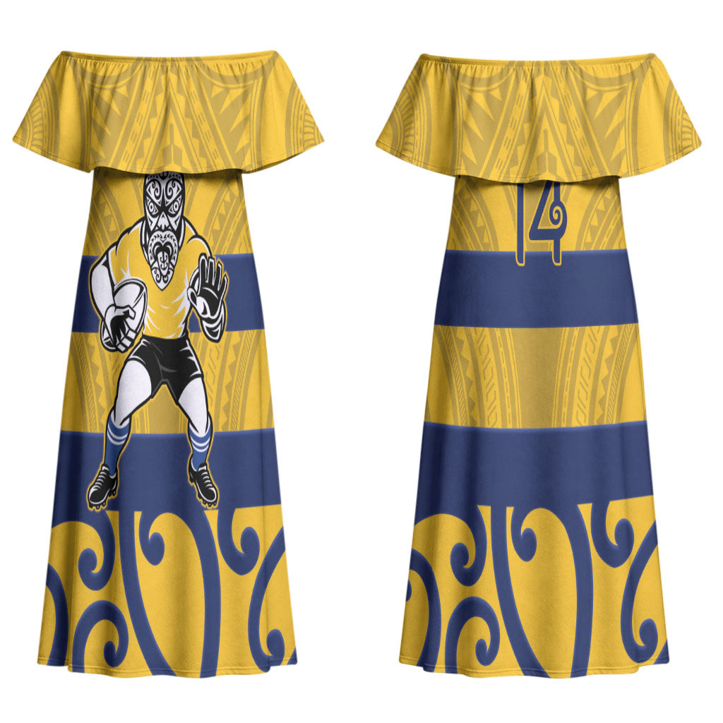 Bay of Plenty Custom Rugby New Zealand Couples Matching Off Shoulder Maxi Dress and Long Sleeve Button Shirt Aotearoa Maori Pukana Tiki Mascot