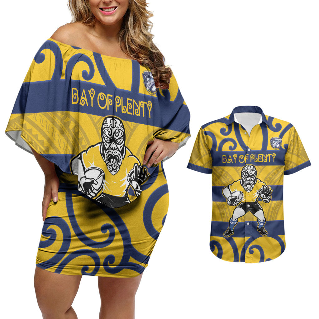 Bay of Plenty Custom Rugby New Zealand Couples Matching Off Shoulder Short Dress and Hawaiian Shirt Aotearoa Maori Pukana Tiki Mascot