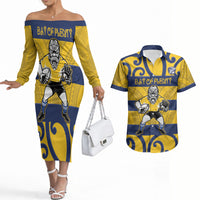 Bay of Plenty Custom Rugby New Zealand Couples Matching Off The Shoulder Long Sleeve Dress and Hawaiian Shirt Aotearoa Maori Pukana Tiki Mascot