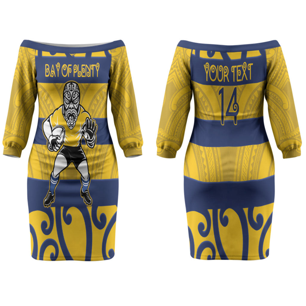 Bay of Plenty Custom Rugby New Zealand Couples Matching Off The Shoulder Long Sleeve Dress and Hawaiian Shirt Aotearoa Maori Pukana Tiki Mascot