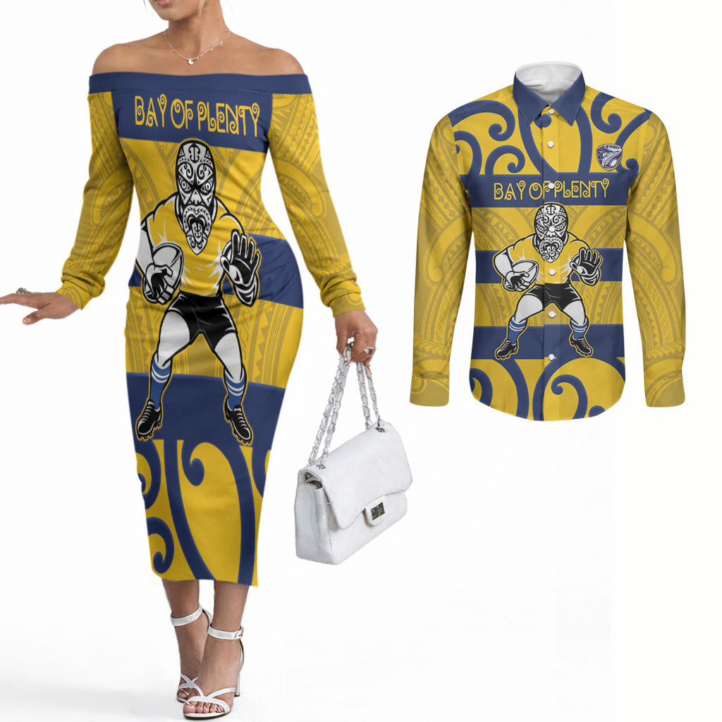 Bay of Plenty Custom Rugby New Zealand Couples Matching Off The Shoulder Long Sleeve Dress and Long Sleeve Button Shirt Aotearoa Maori Pukana Tiki Mascot