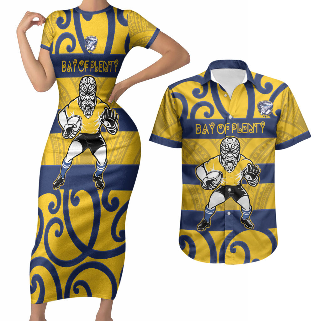 Bay of Plenty Custom Rugby New Zealand Couples Matching Short Sleeve Bodycon Dress and Hawaiian Shirt Aotearoa Maori Pukana Tiki Mascot
