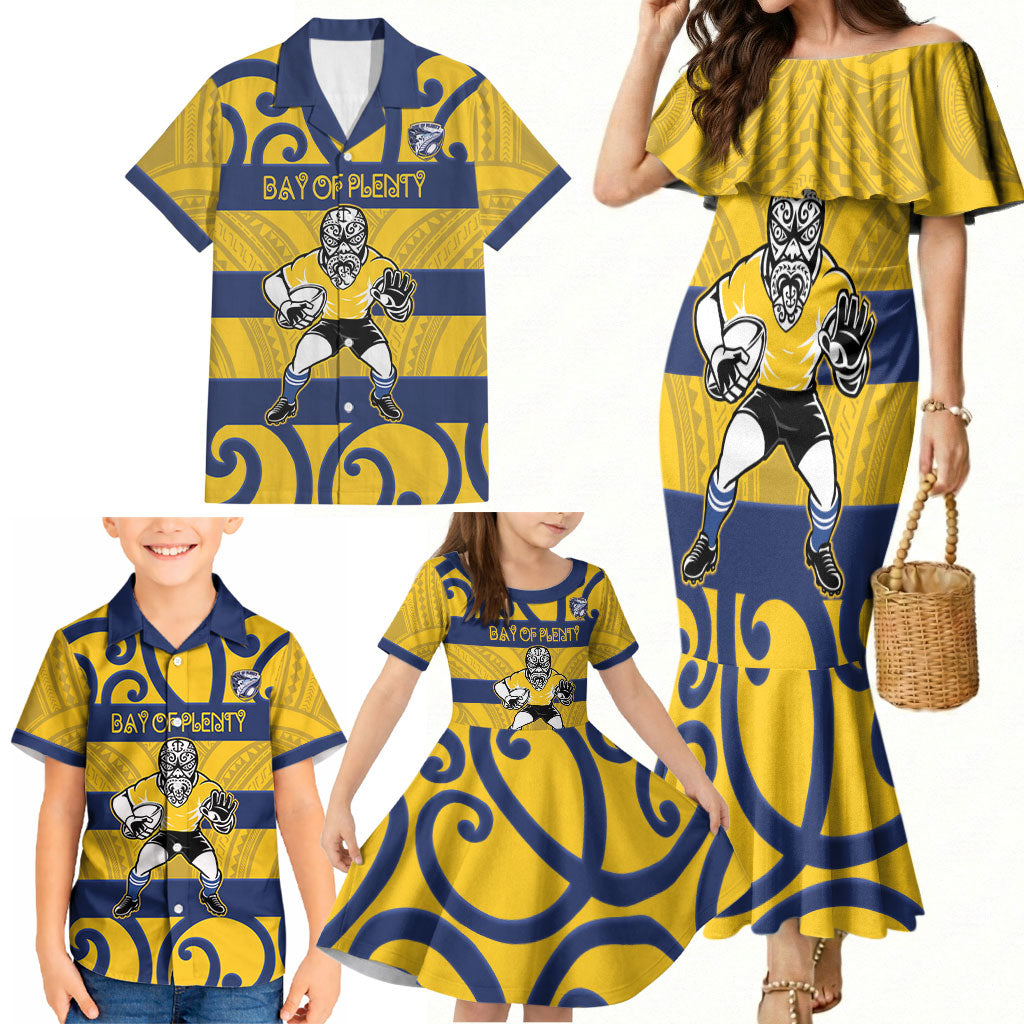 Bay of Plenty Custom Rugby New Zealand Family Matching Mermaid Dress and Hawaiian Shirt Aotearoa Maori Pukana Tiki Mascot