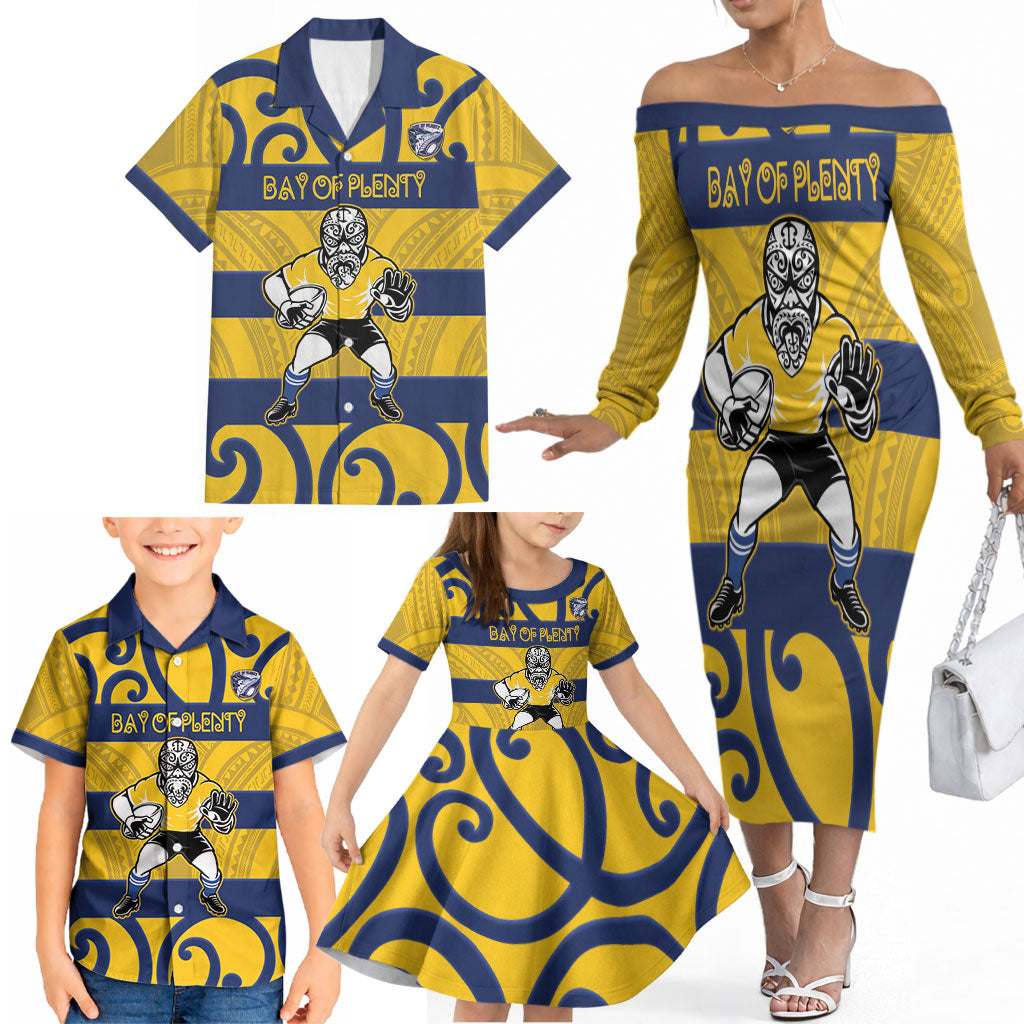 Bay of Plenty Custom Rugby New Zealand Family Matching Off The Shoulder Long Sleeve Dress and Hawaiian Shirt Aotearoa Maori Pukana Tiki Mascot