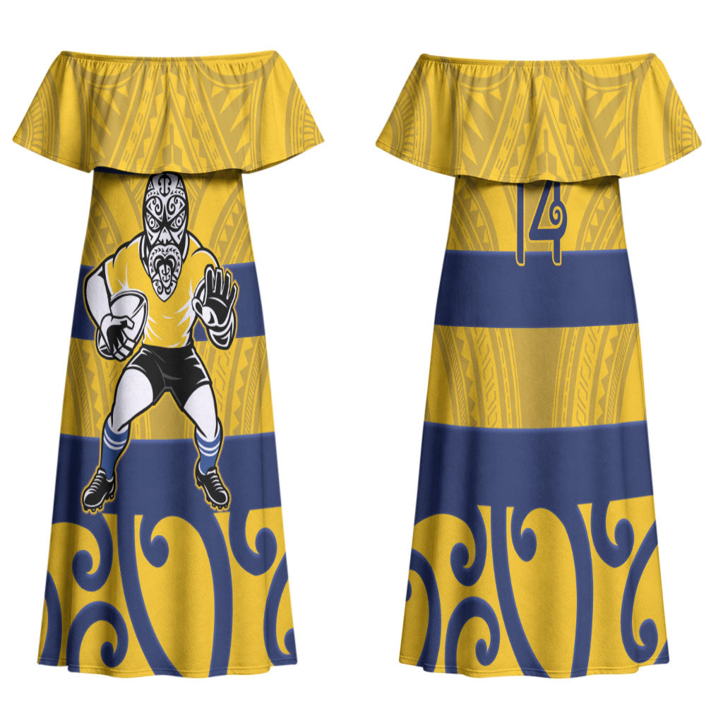 Bay of Plenty Custom Rugby New Zealand Family Matching Off Shoulder Maxi Dress and Hawaiian Shirt Aotearoa Maori Pukana Tiki Mascot