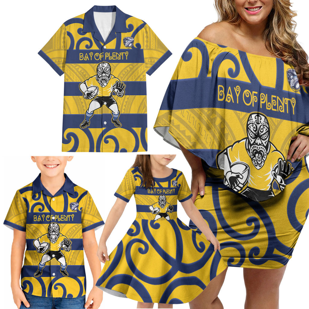 Bay of Plenty Custom Rugby New Zealand Family Matching Off Shoulder Short Dress and Hawaiian Shirt Aotearoa Maori Pukana Tiki Mascot