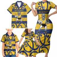 Bay of Plenty Custom Rugby New Zealand Family Matching Short Sleeve Bodycon Dress and Hawaiian Shirt Aotearoa Maori Pukana Tiki Mascot
