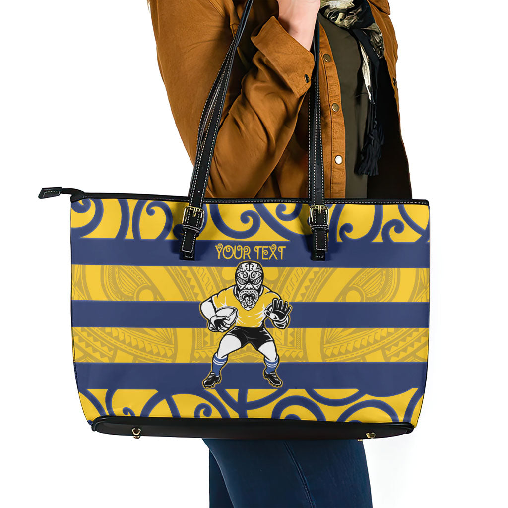 Bay of Plenty Custom Rugby New Zealand Leather Tote Bag Aotearoa Maori Pukana Tiki Mascot