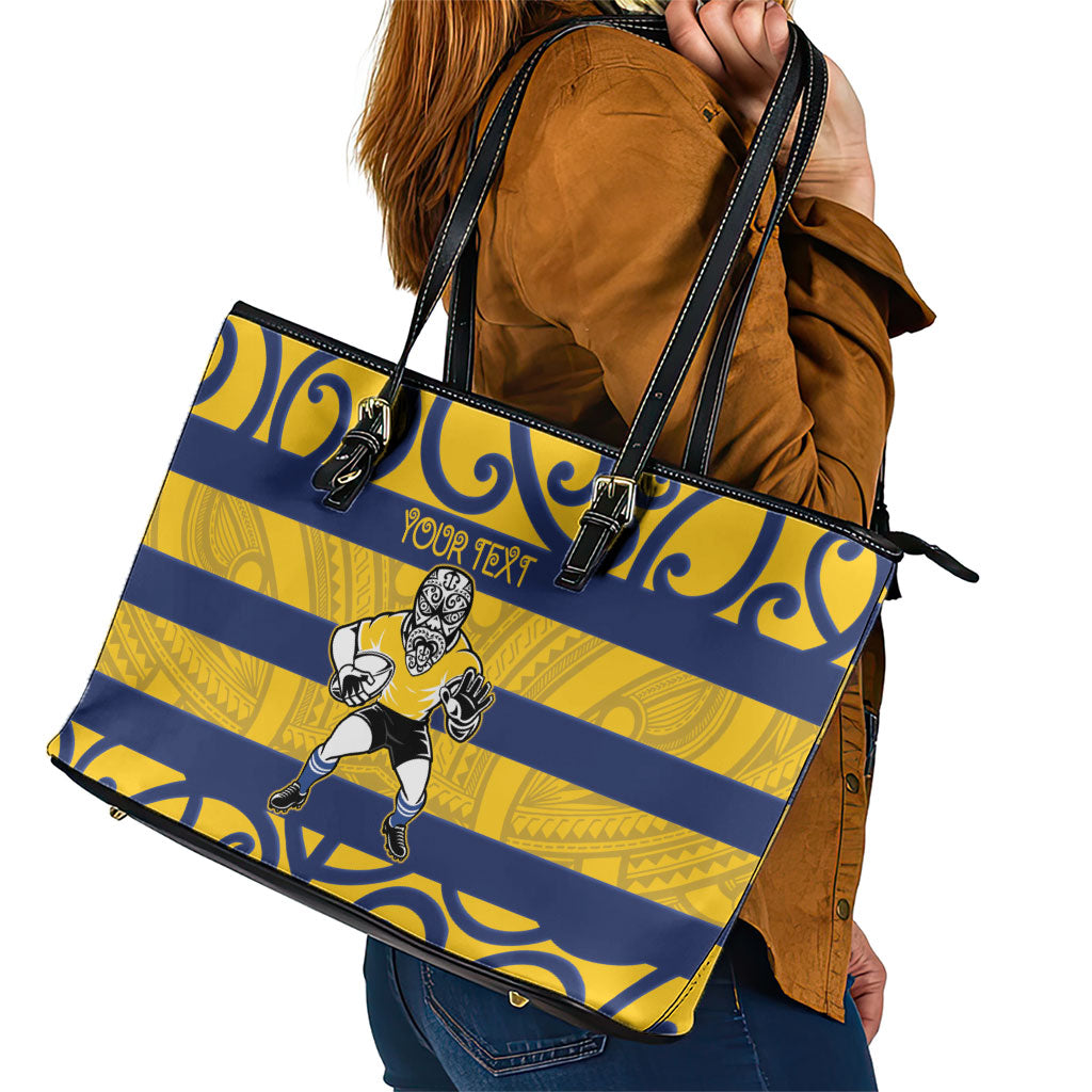 Bay of Plenty Custom Rugby New Zealand Leather Tote Bag Aotearoa Maori Pukana Tiki Mascot