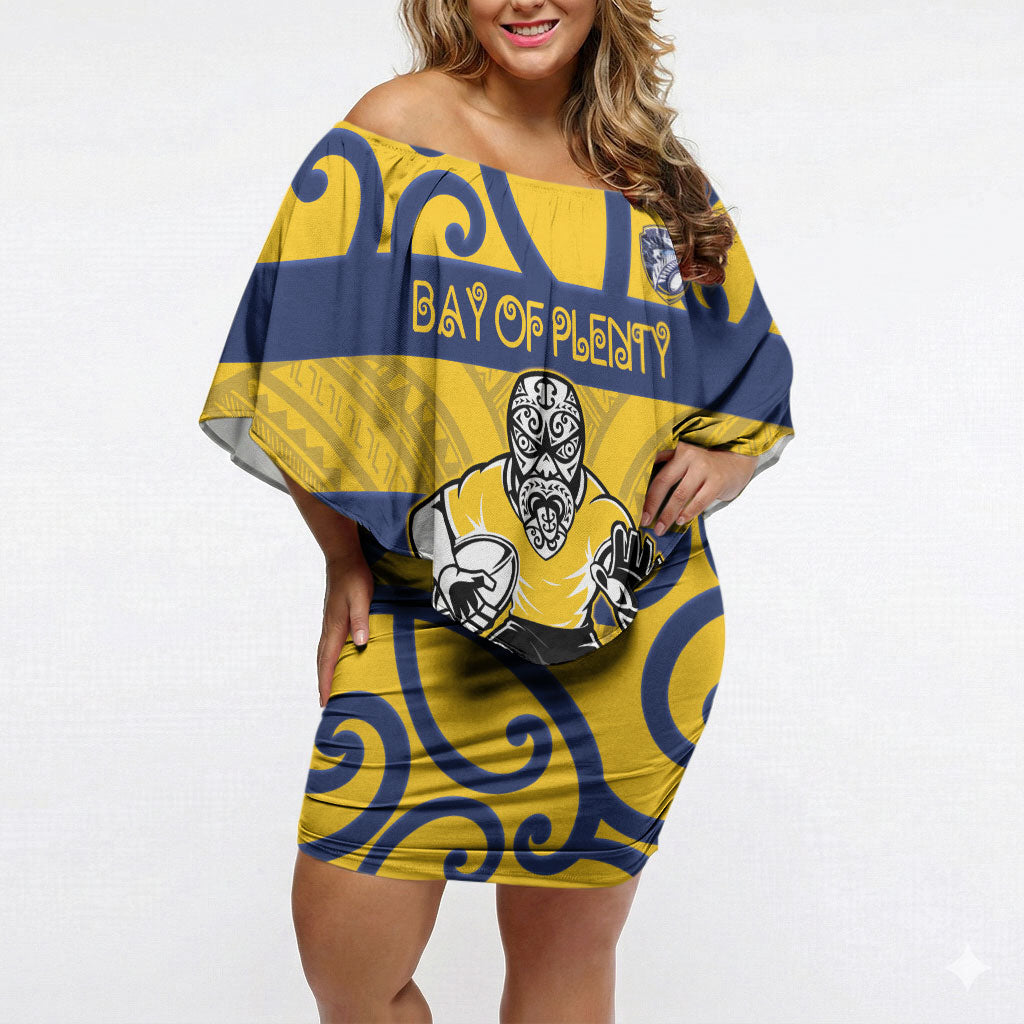 Bay of Plenty Custom Rugby New Zealand Off Shoulder Short Dress Aotearoa Maori Pukana Tiki Mascot