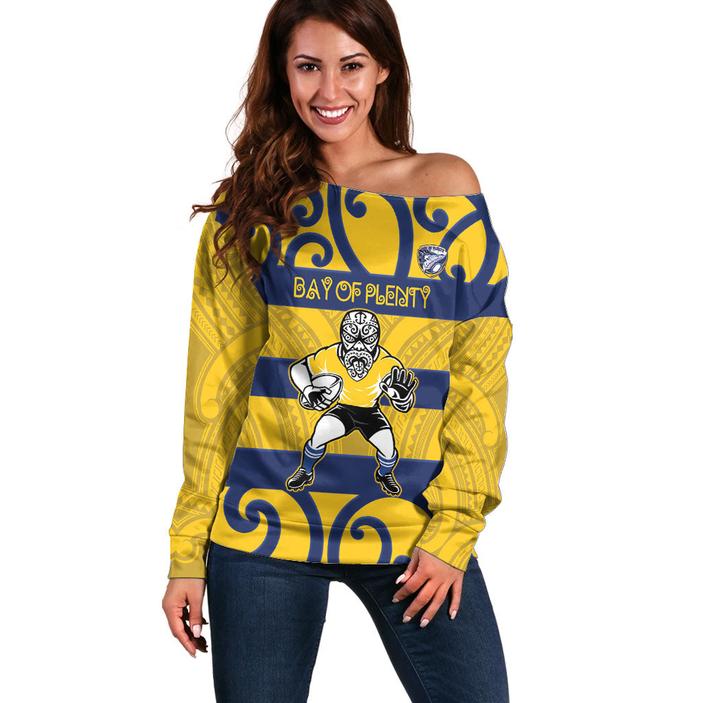 Bay of Plenty Custom Rugby New Zealand Off Shoulder Sweater Aotearoa Maori Pukana Tiki Mascot