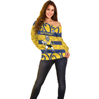 Bay of Plenty Custom Rugby New Zealand Off Shoulder Sweater Aotearoa Maori Pukana Tiki Mascot