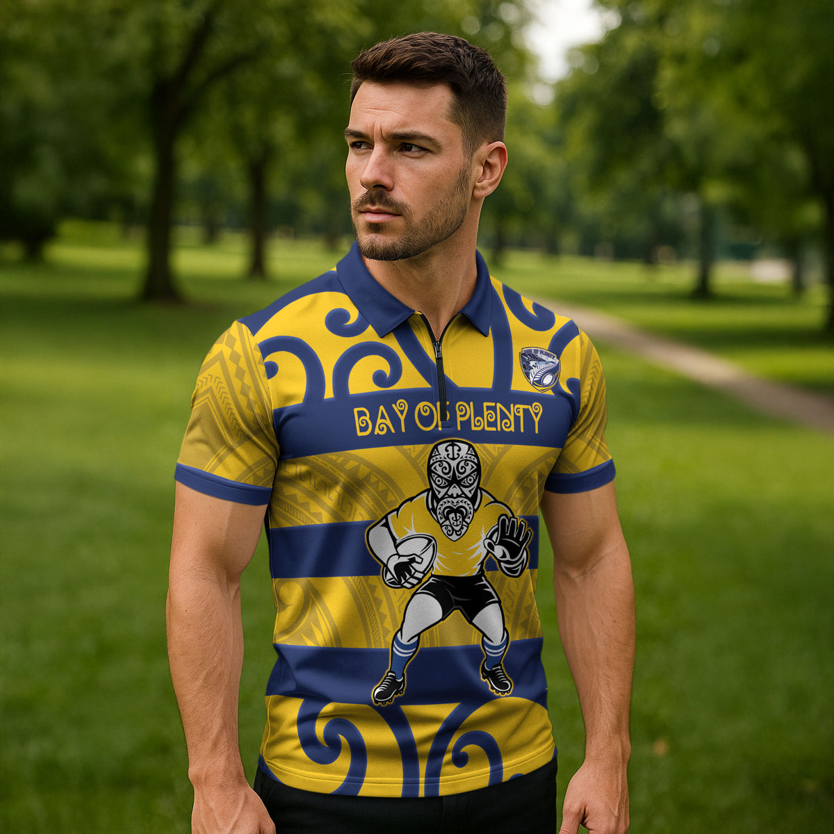 Bay of Plenty Custom Rugby New Zealand Zipper Polo Shirt Aotearoa Maori Pukana Tiki Mascot