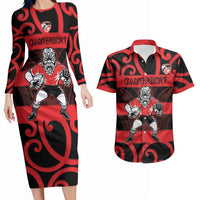 Canterbury Custom Rugby New Zealand Couples Matching Long Sleeve Bodycon Dress and Hawaiian Shirt Aotearoa Maori Pukana Tiki Mascot