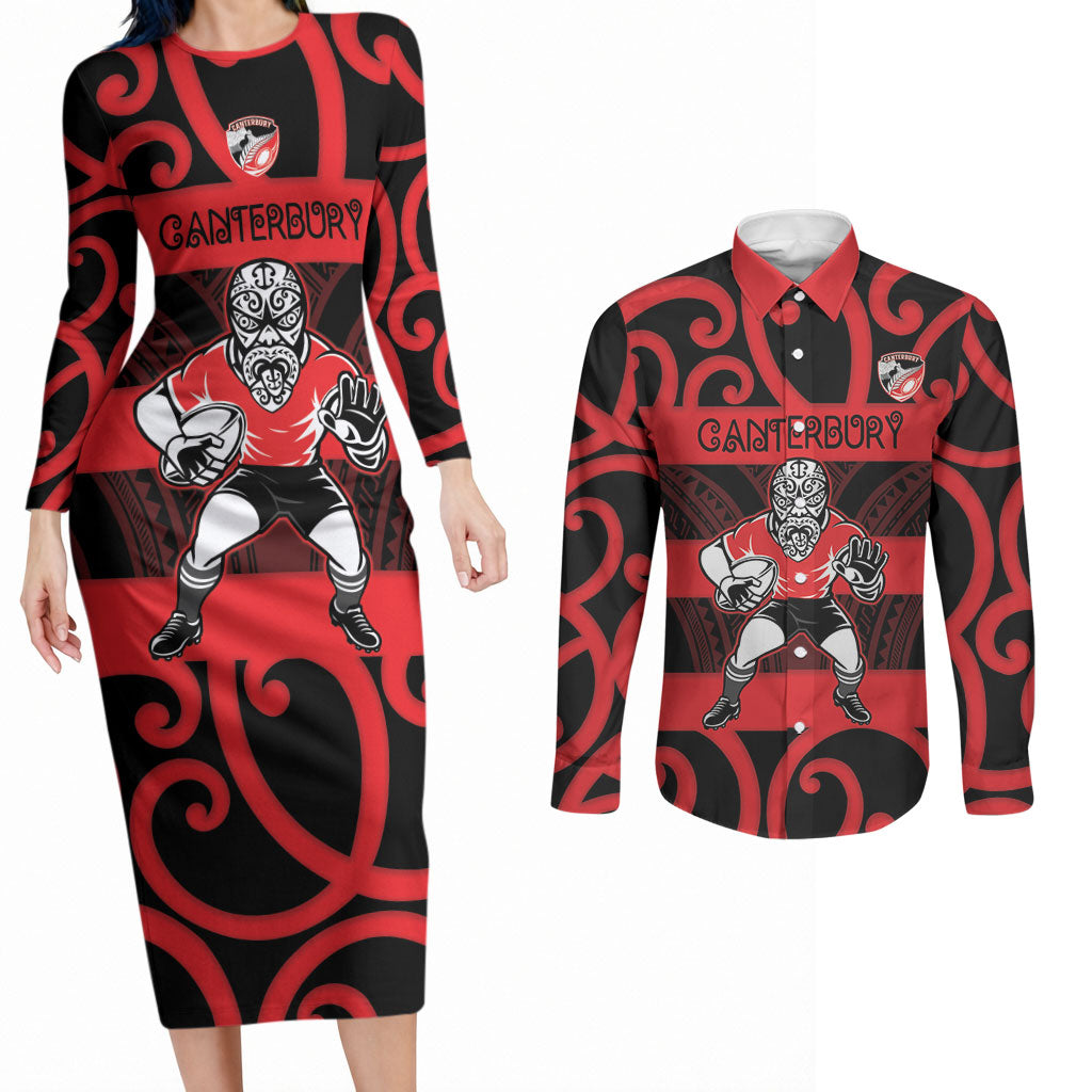 Canterbury Custom Rugby New Zealand Couples Matching Long Sleeve Bodycon Dress and Long Sleeve Button Shirt Aotearoa Maori Pukana Tiki Mascot