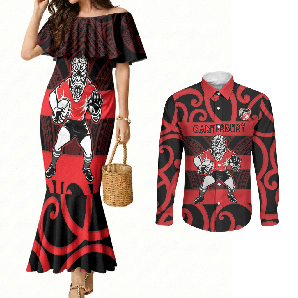 Canterbury Custom Rugby New Zealand Couples Matching Mermaid Dress and Long Sleeve Button Shirt Aotearoa Maori Pukana Tiki Mascot