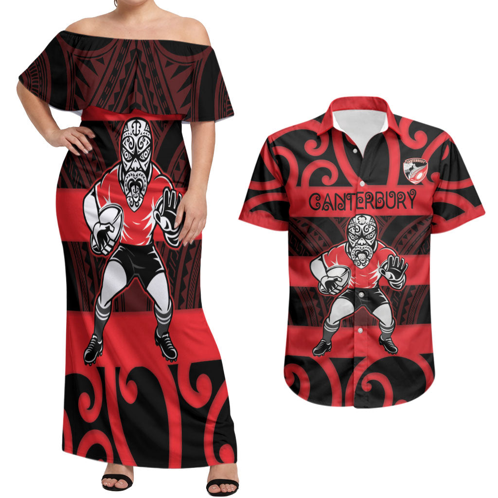 Canterbury Custom Rugby New Zealand Couples Matching Off Shoulder Maxi Dress and Hawaiian Shirt Aotearoa Maori Pukana Tiki Mascot