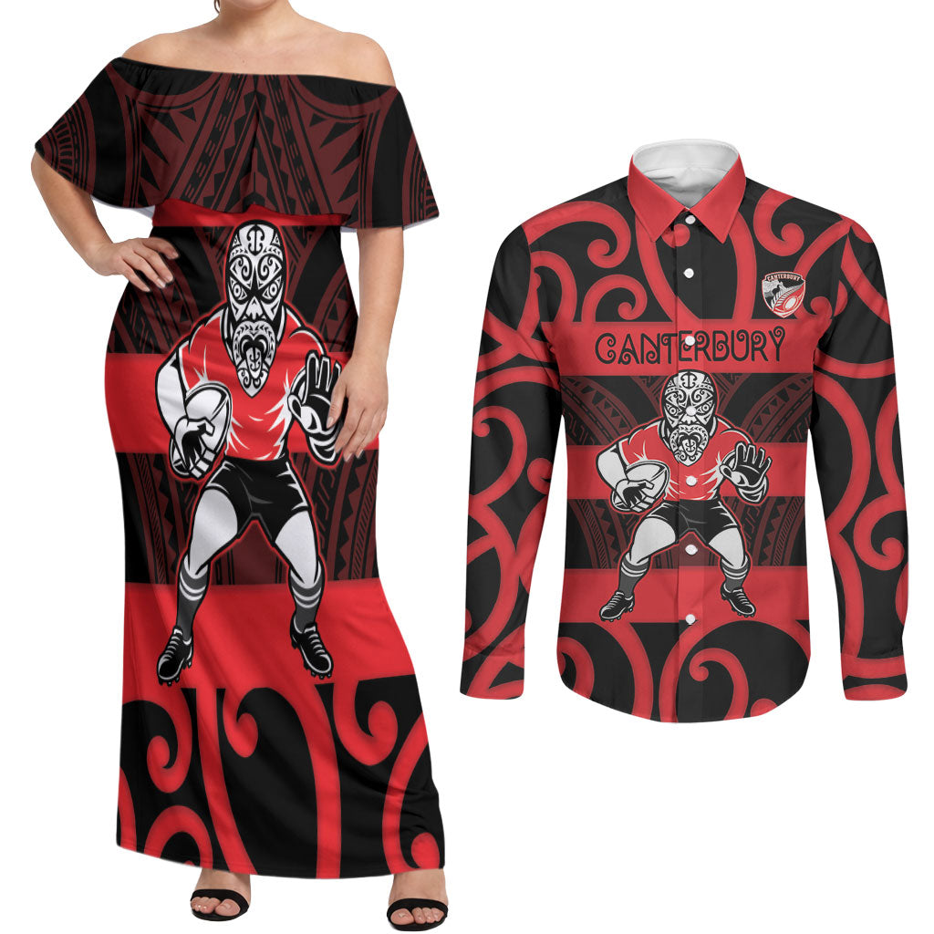 Canterbury Custom Rugby New Zealand Couples Matching Off Shoulder Maxi Dress and Long Sleeve Button Shirt Aotearoa Maori Pukana Tiki Mascot