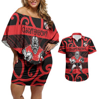 Canterbury Custom Rugby New Zealand Couples Matching Off Shoulder Short Dress and Hawaiian Shirt Aotearoa Maori Pukana Tiki Mascot