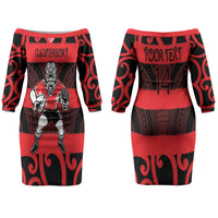 Canterbury Custom Rugby New Zealand Couples Matching Off The Shoulder Long Sleeve Dress and Hawaiian Shirt Aotearoa Maori Pukana Tiki Mascot