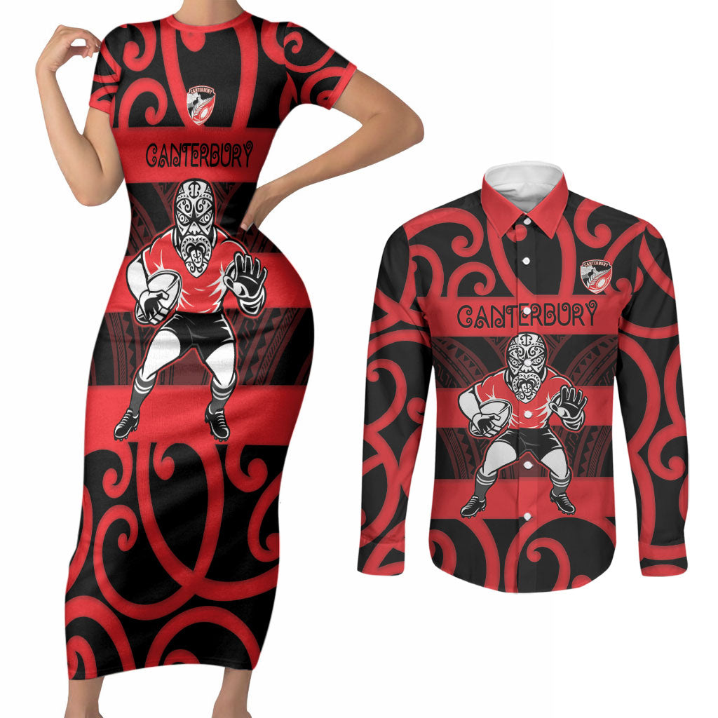 Canterbury Custom Rugby New Zealand Couples Matching Short Sleeve Bodycon Dress and Long Sleeve Button Shirt Aotearoa Maori Pukana Tiki Mascot