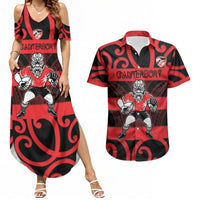 Canterbury Custom Rugby New Zealand Couples Matching Summer Maxi Dress and Hawaiian Shirt Aotearoa Maori Pukana Tiki Mascot