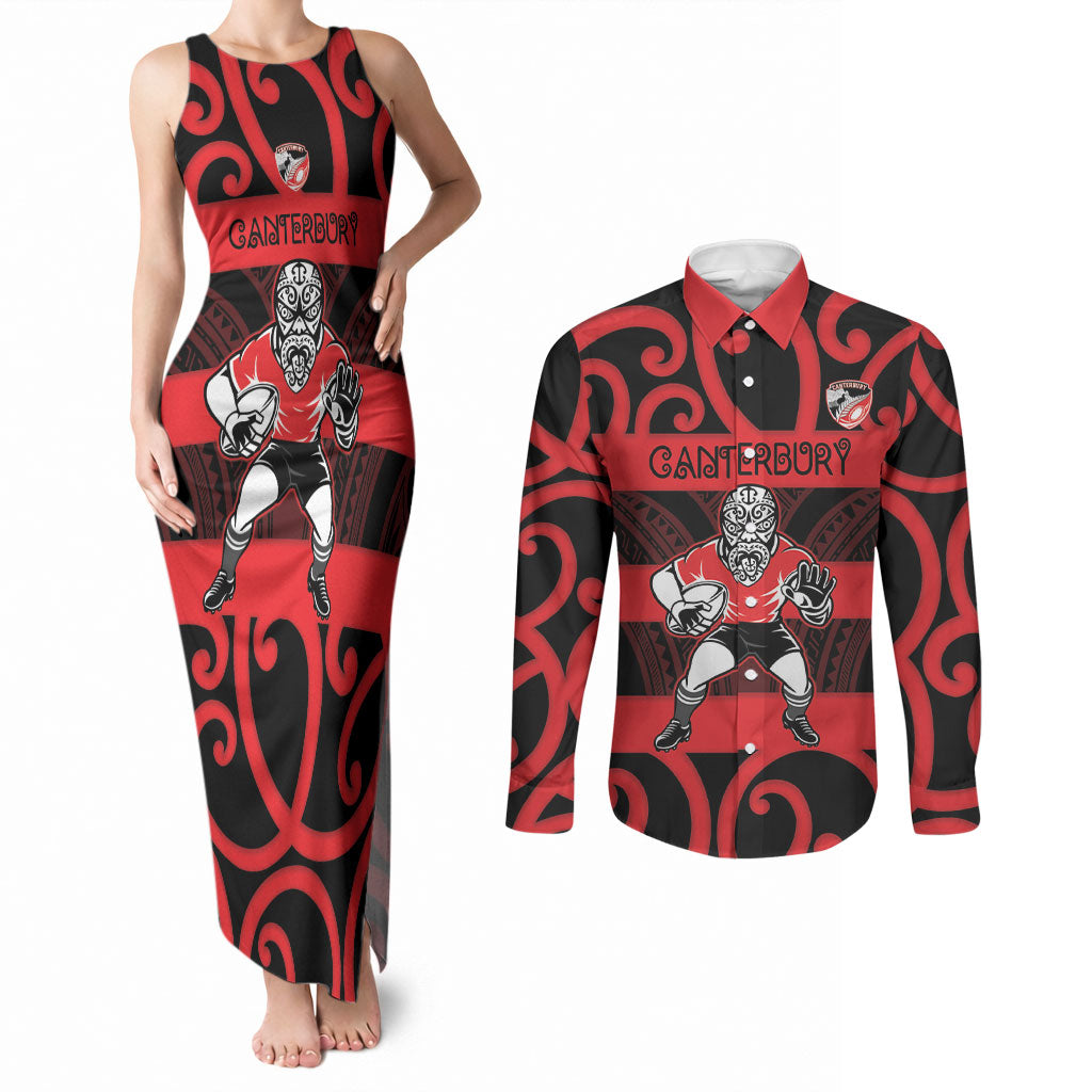 Canterbury Custom Rugby New Zealand Couples Matching Tank Maxi Dress and Long Sleeve Button Shirt Aotearoa Maori Pukana Tiki Mascot