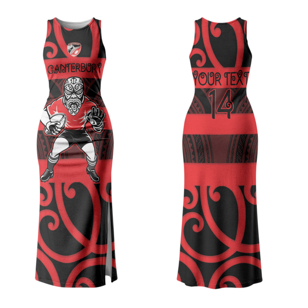 Canterbury Custom Rugby New Zealand Couples Matching Tank Maxi Dress and Long Sleeve Button Shirt Aotearoa Maori Pukana Tiki Mascot