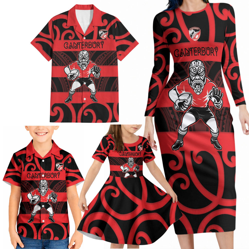Canterbury Custom Rugby New Zealand Family Matching Long Sleeve Bodycon Dress and Hawaiian Shirt Aotearoa Maori Pukana Tiki Mascot