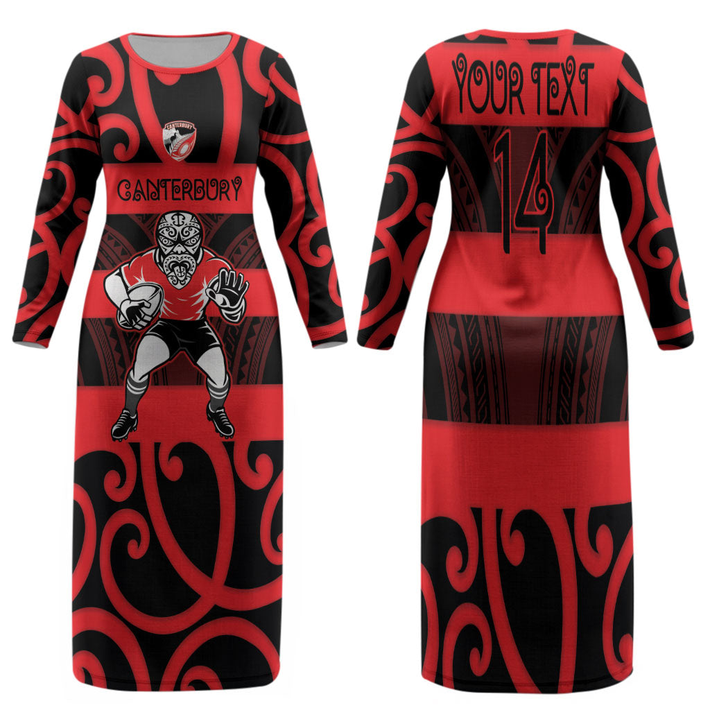 Canterbury Custom Rugby New Zealand Family Matching Long Sleeve Bodycon Dress and Hawaiian Shirt Aotearoa Maori Pukana Tiki Mascot