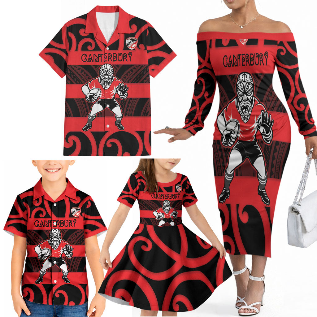 Canterbury Custom Rugby New Zealand Family Matching Off The Shoulder Long Sleeve Dress and Hawaiian Shirt Aotearoa Maori Pukana Tiki Mascot