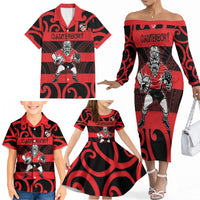 Canterbury Custom Rugby New Zealand Family Matching Off The Shoulder Long Sleeve Dress and Hawaiian Shirt Aotearoa Maori Pukana Tiki Mascot
