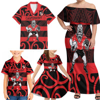 Canterbury Custom Rugby New Zealand Family Matching Off Shoulder Maxi Dress and Hawaiian Shirt Aotearoa Maori Pukana Tiki Mascot