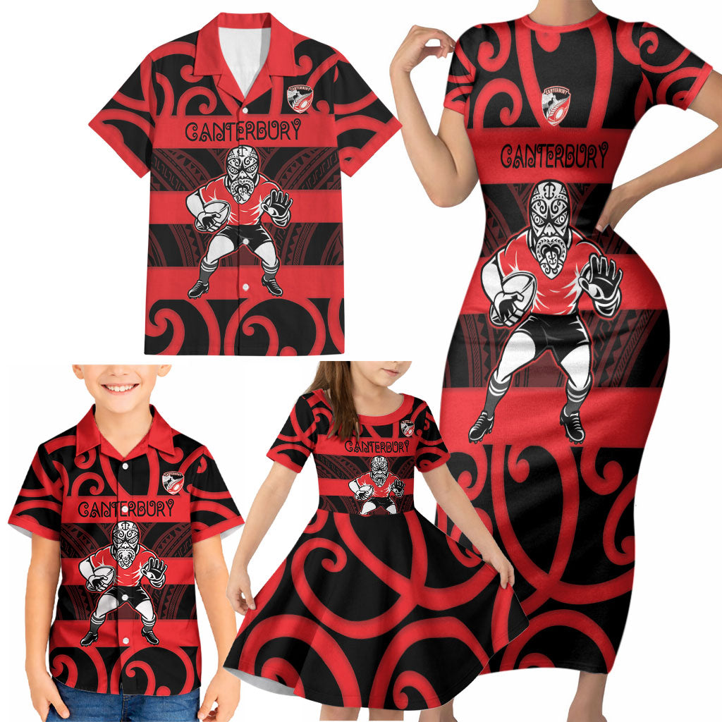 Canterbury Custom Rugby New Zealand Family Matching Short Sleeve Bodycon Dress and Hawaiian Shirt Aotearoa Maori Pukana Tiki Mascot