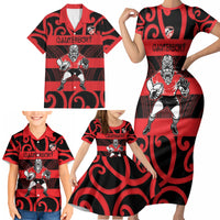 Canterbury Custom Rugby New Zealand Family Matching Short Sleeve Bodycon Dress and Hawaiian Shirt Aotearoa Maori Pukana Tiki Mascot