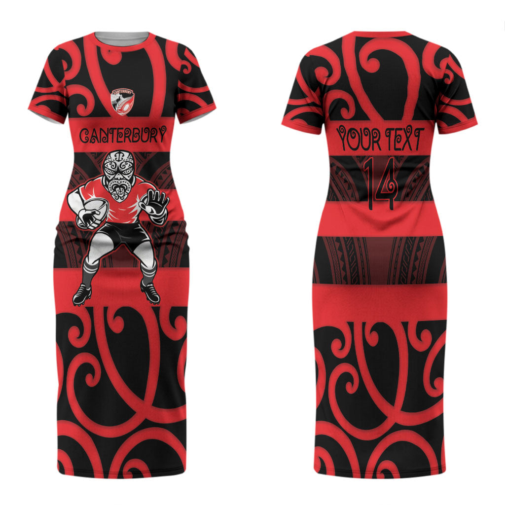 Canterbury Custom Rugby New Zealand Family Matching Short Sleeve Bodycon Dress and Hawaiian Shirt Aotearoa Maori Pukana Tiki Mascot