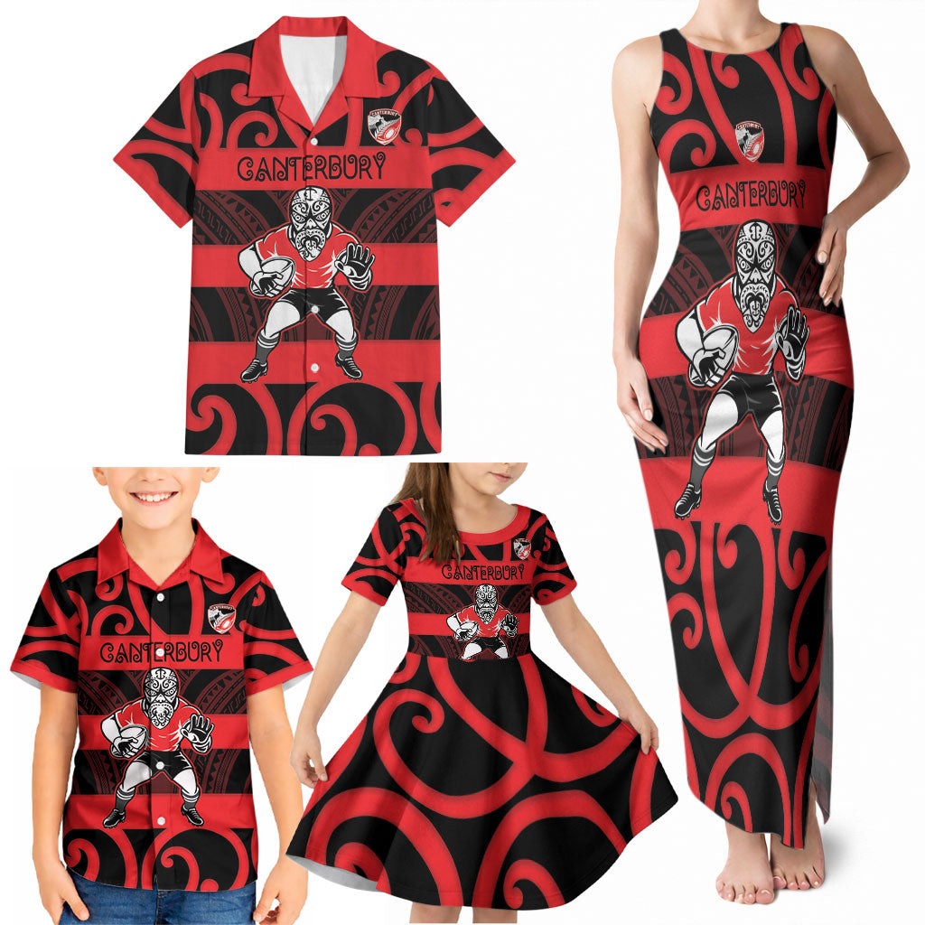 Canterbury Custom Rugby New Zealand Family Matching Tank Maxi Dress and Hawaiian Shirt Aotearoa Maori Pukana Tiki Mascot