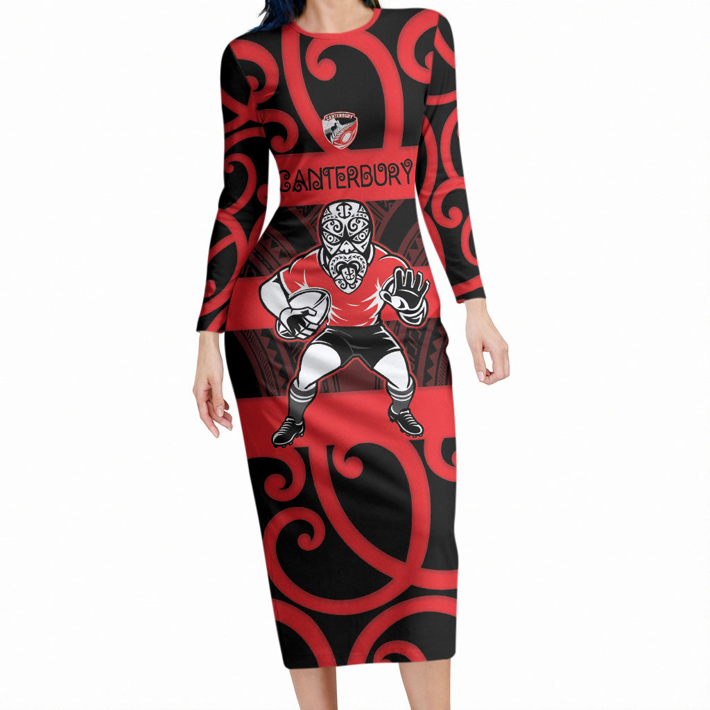 Canterbury Custom Rugby New Zealand Long Sleeve Bodycon Dress Aotearoa Maori Pukana Tiki Mascot