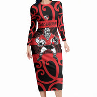 Canterbury Custom Rugby New Zealand Long Sleeve Bodycon Dress Aotearoa Maori Pukana Tiki Mascot