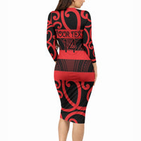 Canterbury Custom Rugby New Zealand Long Sleeve Bodycon Dress Aotearoa Maori Pukana Tiki Mascot