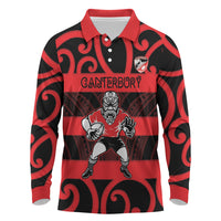 Canterbury Custom Rugby New Zealand Long Sleeve Polo Shirt Aotearoa Maori Pukana Tiki Mascot