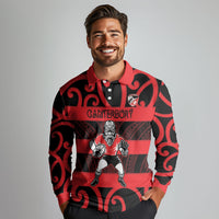 Canterbury Custom Rugby New Zealand Long Sleeve Polo Shirt Aotearoa Maori Pukana Tiki Mascot
