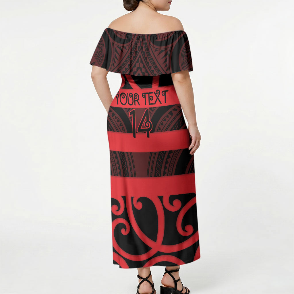 Canterbury Custom Rugby New Zealand Off Shoulder Maxi Dress Aotearoa Maori Pukana Tiki Mascot