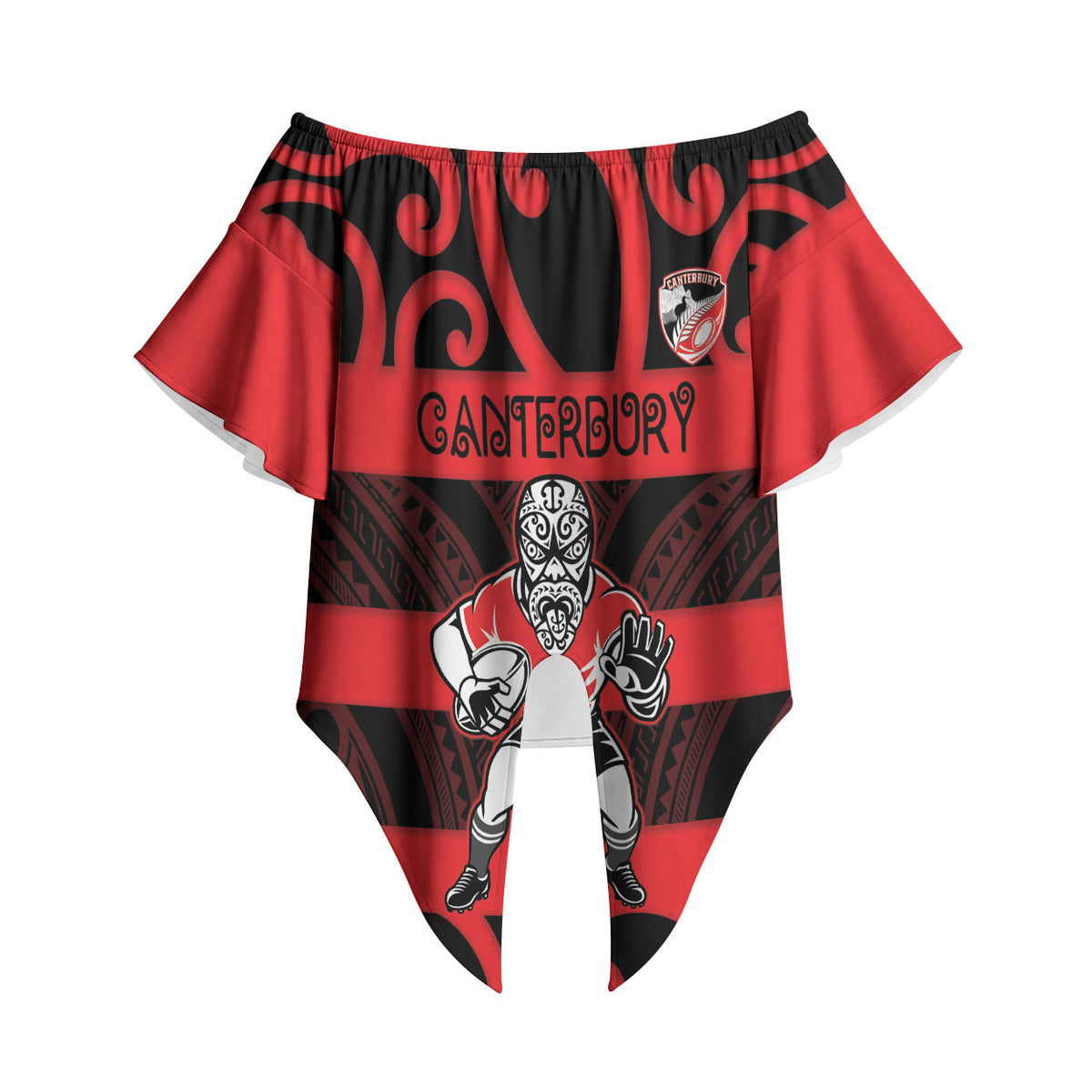 Canterbury Custom Rugby New Zealand Off Shoulder Wrap Waist Top Aotearoa Maori Pukana Tiki Mascot